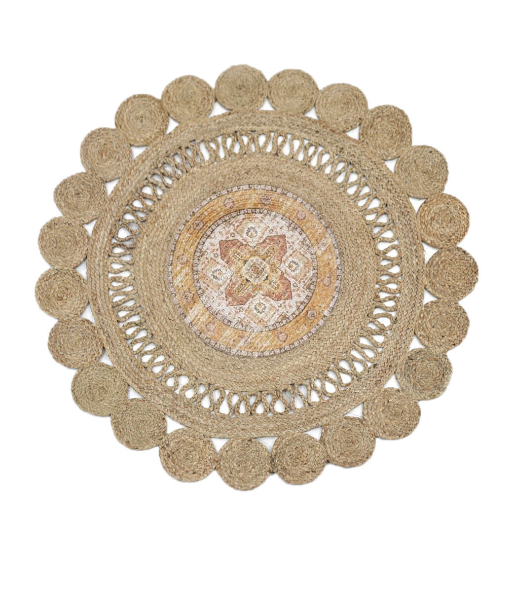 Runder Jute-Teppich in Pfirsich-Kelim-Design