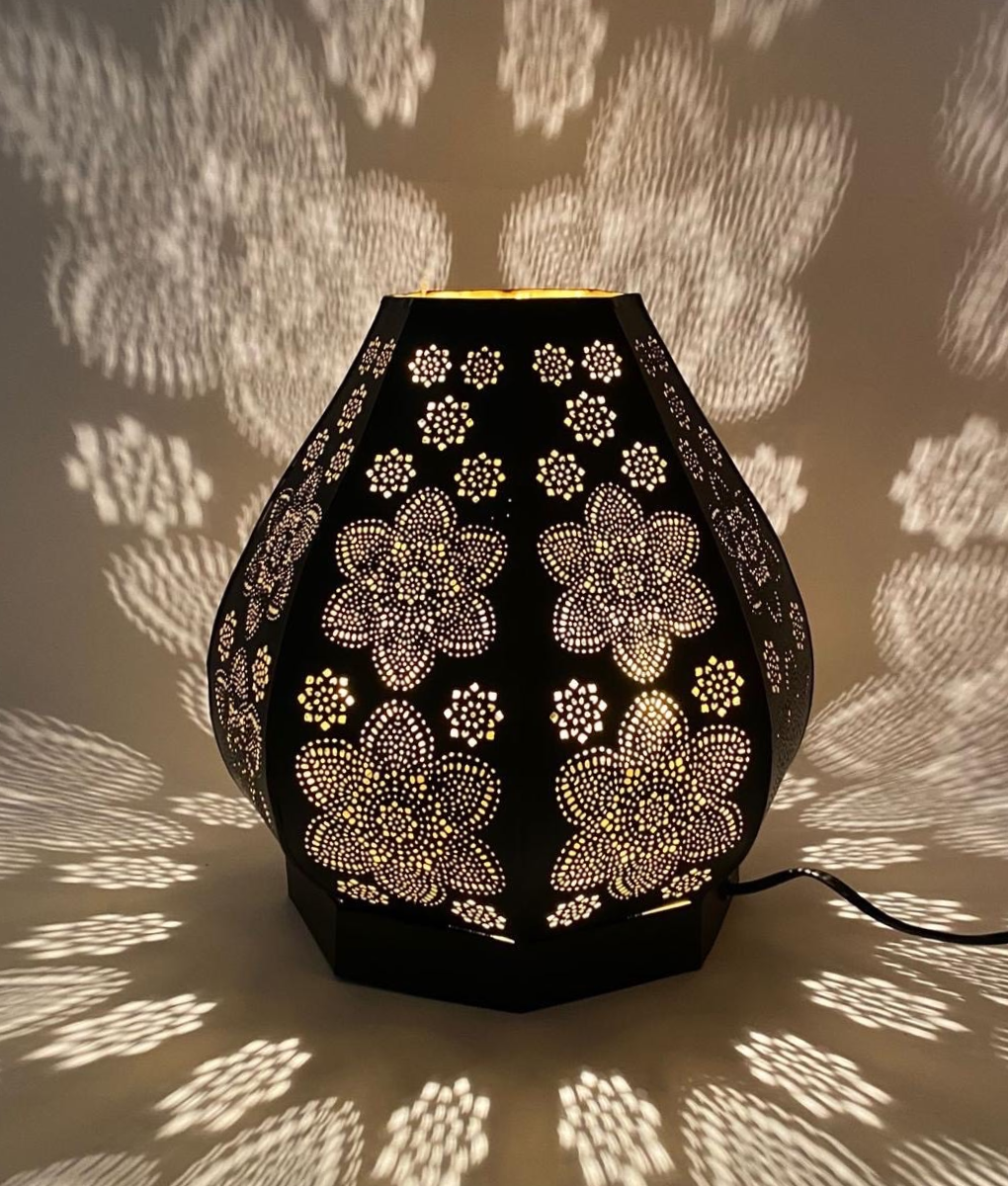 Blumen-Tischlampe in Schwarz/Gold