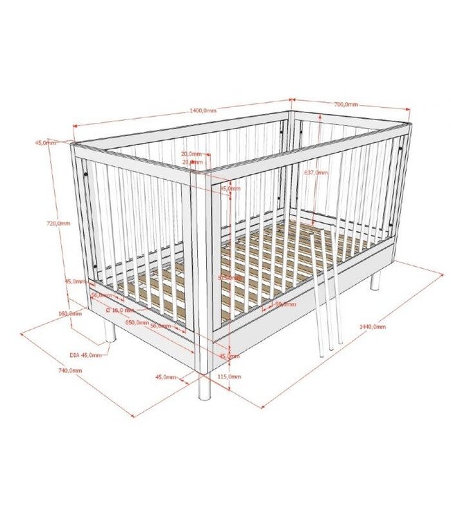 Vipack - Jaxx FORREST babybed OAK 70 X 140 CM + ombouw toddler