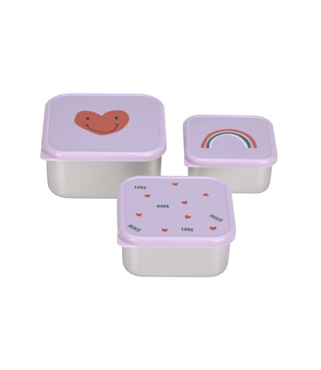 Lassig - Snackbox Stainless Steel 3 pcs Happy Rascals, Heart lavender