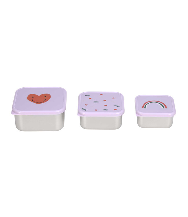 Lassig - Snackbox Stainless Steel 3 pcs Happy Rascals, Heart lavender