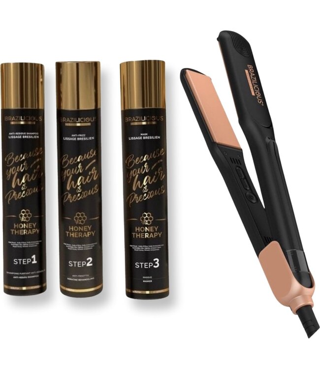 BRAZILICIOUS Honey Therapy Keratine 3 x 1000ml + Straightner