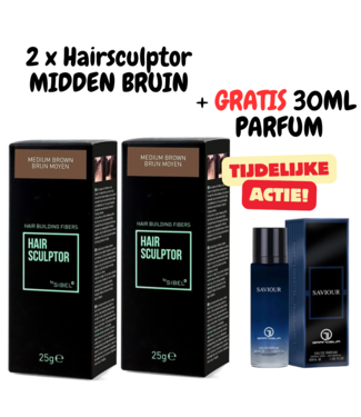 HAIR SCULPTOR 2 X MIDDEN BRUIN HAIR BUILDING FIBERS 25GR + 30ML GRATIS PARFUM