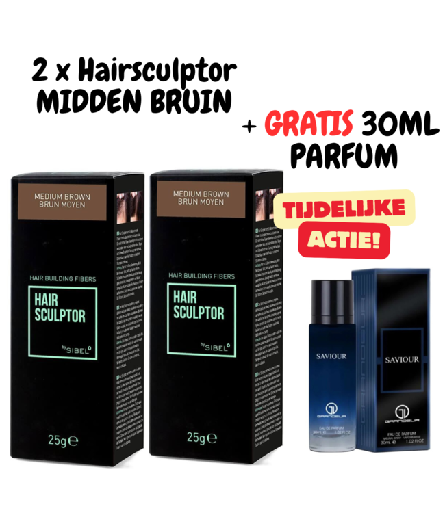HAIR SCULPTOR 2 X MIDDEN BRUIN HAIR BUILDING FIBERS 25GR + 30ML GRATIS PARFUM