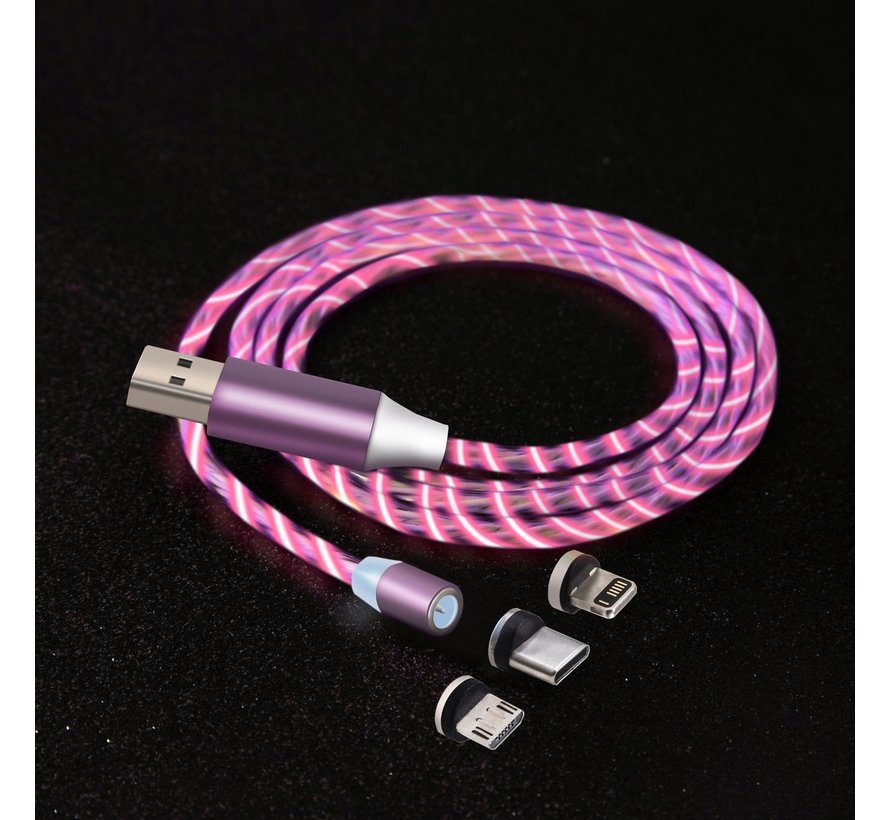 Lichtgevende oplaadkabel 1M + 3 magn. adapters, Roze