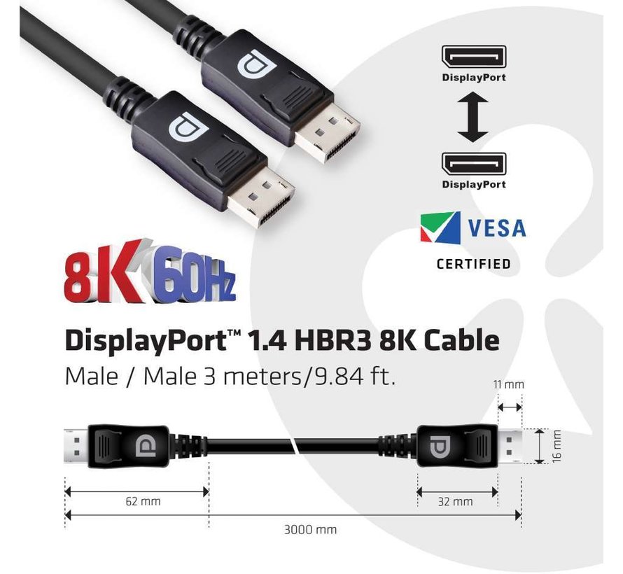 DisplayPort 1.4 HBR3 8K kabel, 3 meter