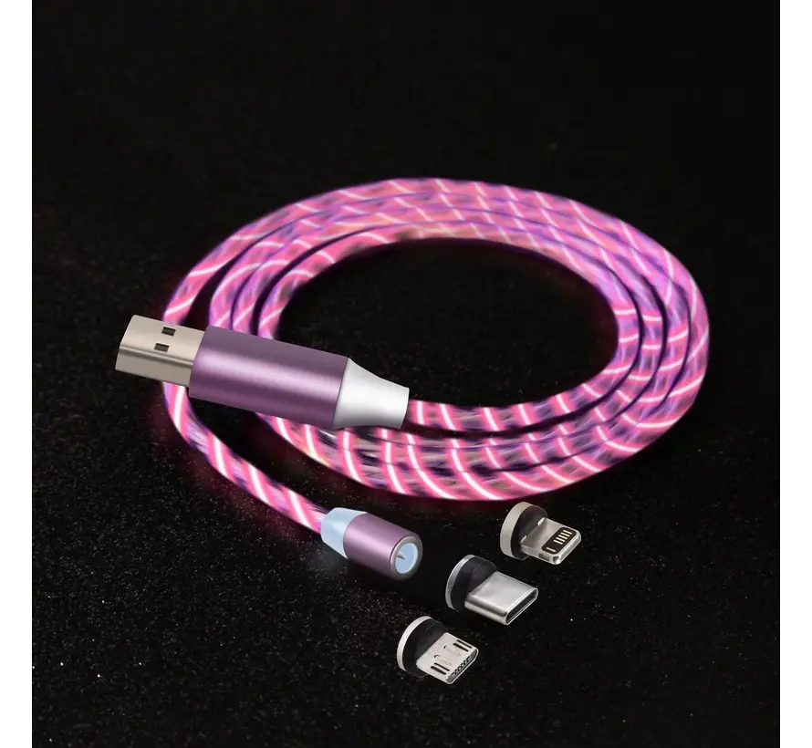 Generica Lichtgevende oplaadkabel 1M + 3 magn. adapters, Roze