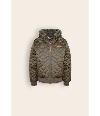 NoNo Meisjes winterjas bomber met capuchon AOP - Bestie - Army groen