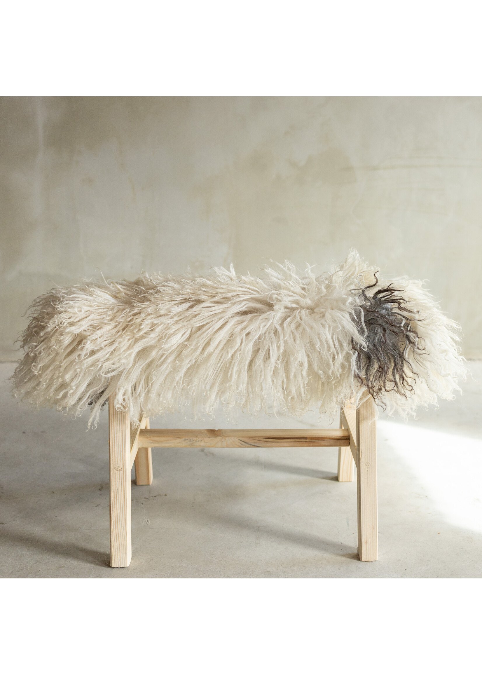Van Buren sinds 1861 Uniquely Photographed Wooden Bench with Sheepskin - Curly/Mountain Sheep - 70x20x46 cm (LxBxH) - BNK-18