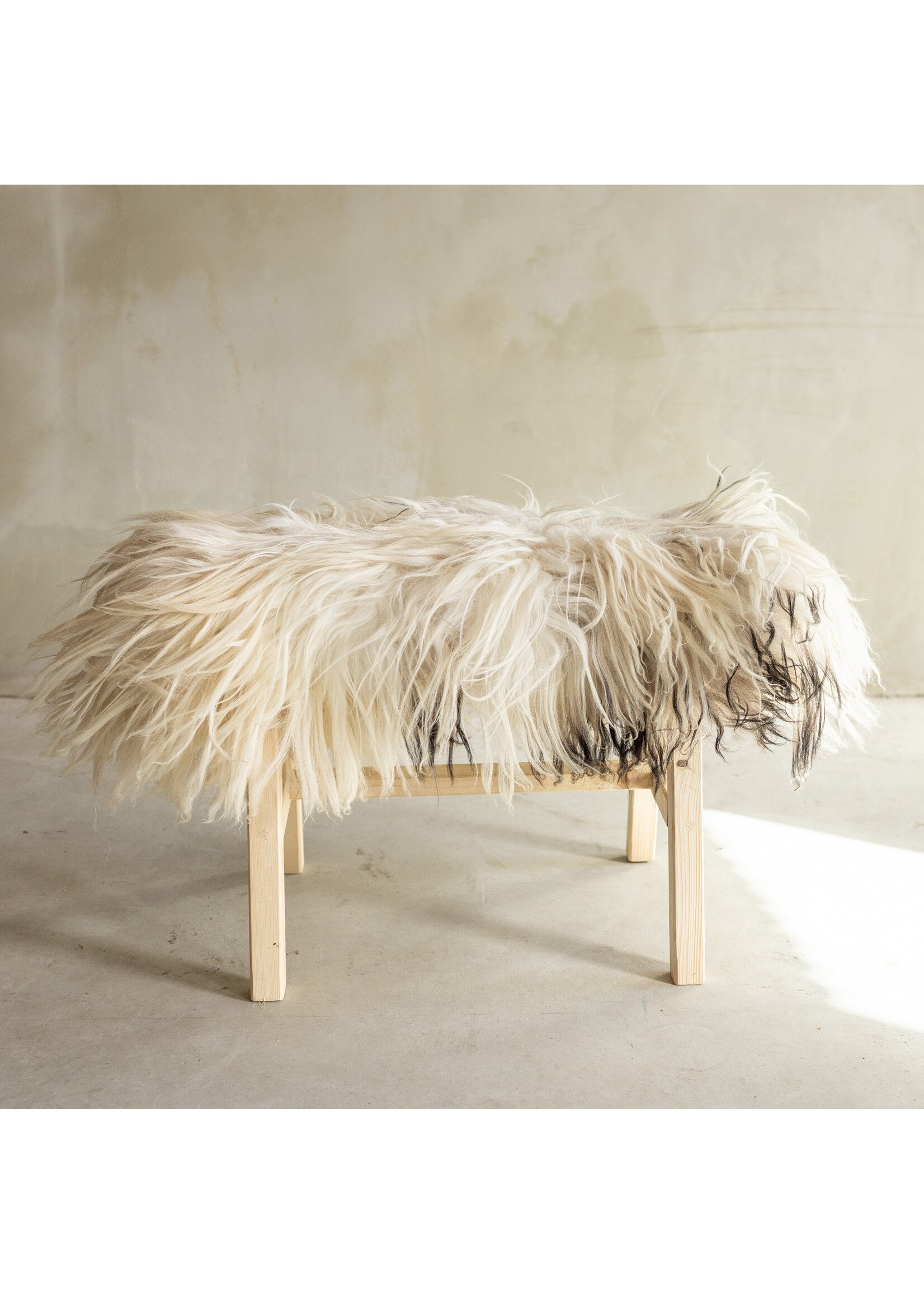 Van Buren sinds 1861 Uniquely Photographed Wooden Bench with Sheepskin - Curly/Mountain Sheep - 70x20x46 cm (LxBxH) - BNK-19
