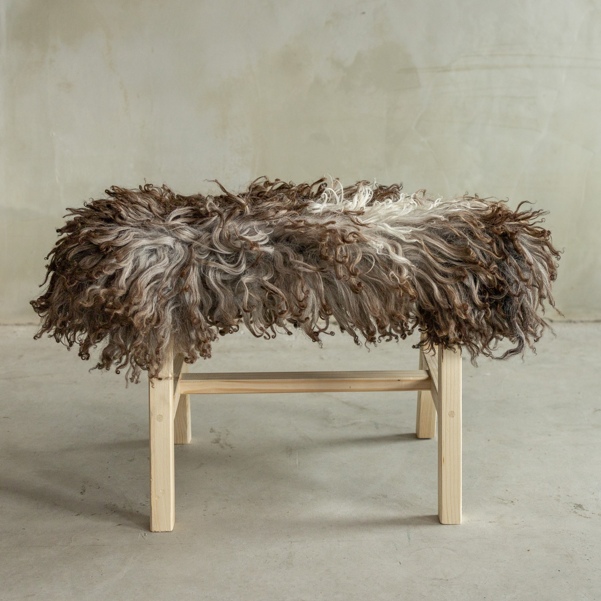 Uniquely Photographed Wooden Bench with Sheepskin - Curly/Mountain ...
