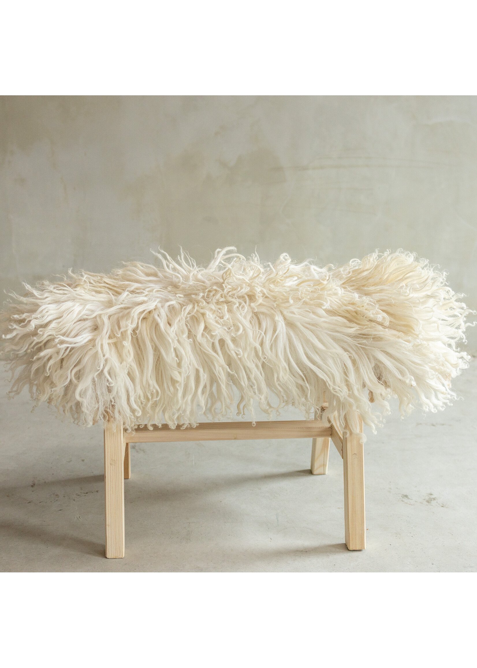 Van Buren sinds 1861 Uniquely Photographed Wooden Bench with Sheepskin - Curly/Mountain Sheep - 70x20x46 cm (LxBxH) - BNK-31