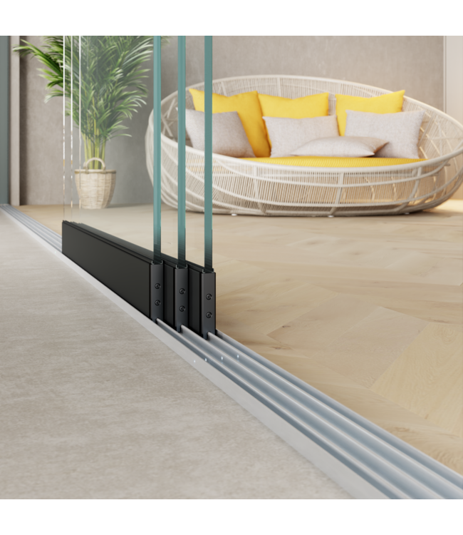 3-Rail Glazen Schuifwanden - Gehard Veiligheidsglas  (6x 90cm) - Breedte tot 532 cm  met Midden sluiting