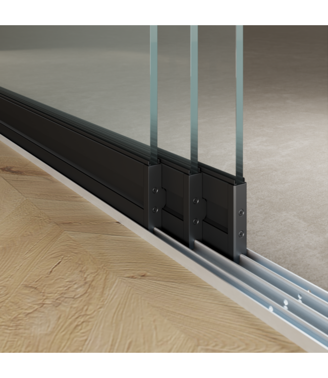 3-Rail Glazen Schuifwanden - Gehard Veiligheidsglas  (6x 103cm) - Breedte tot 310 cm  met Midden sluiting