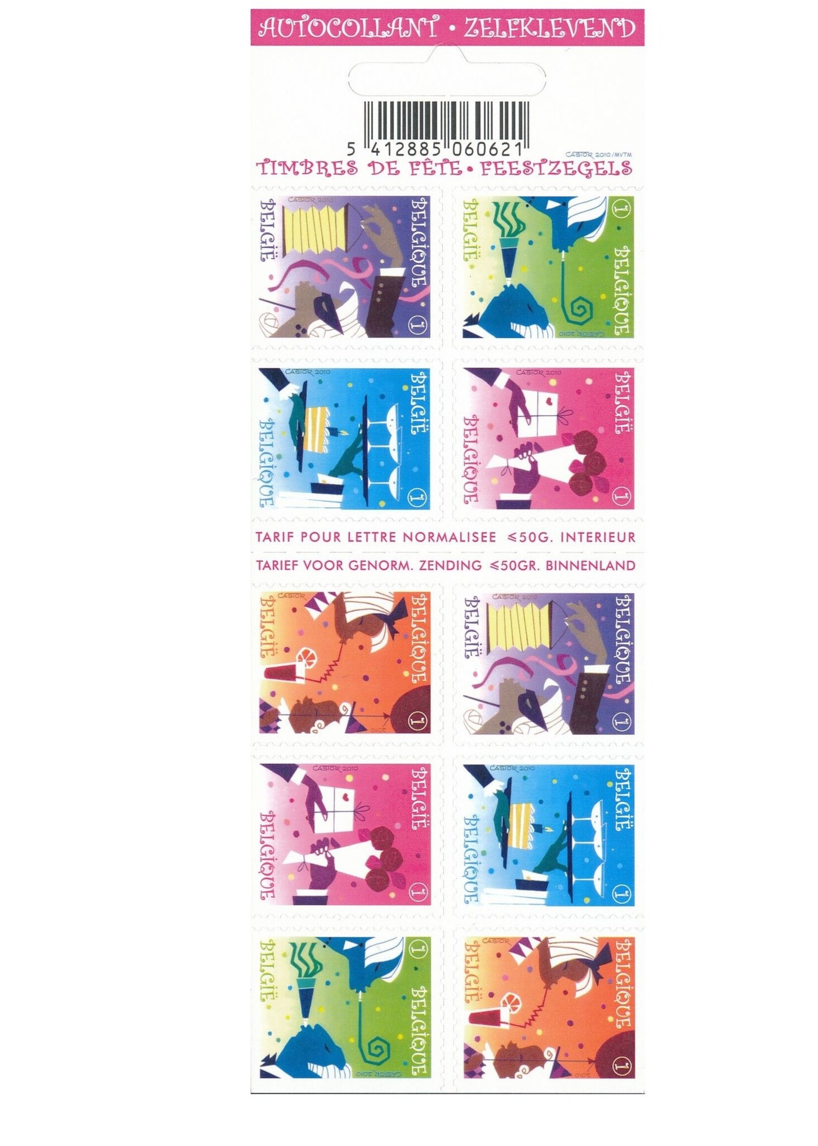 Thème Fête - Carnet de 10 timbres autocollants - Tarif 1, Belgique
