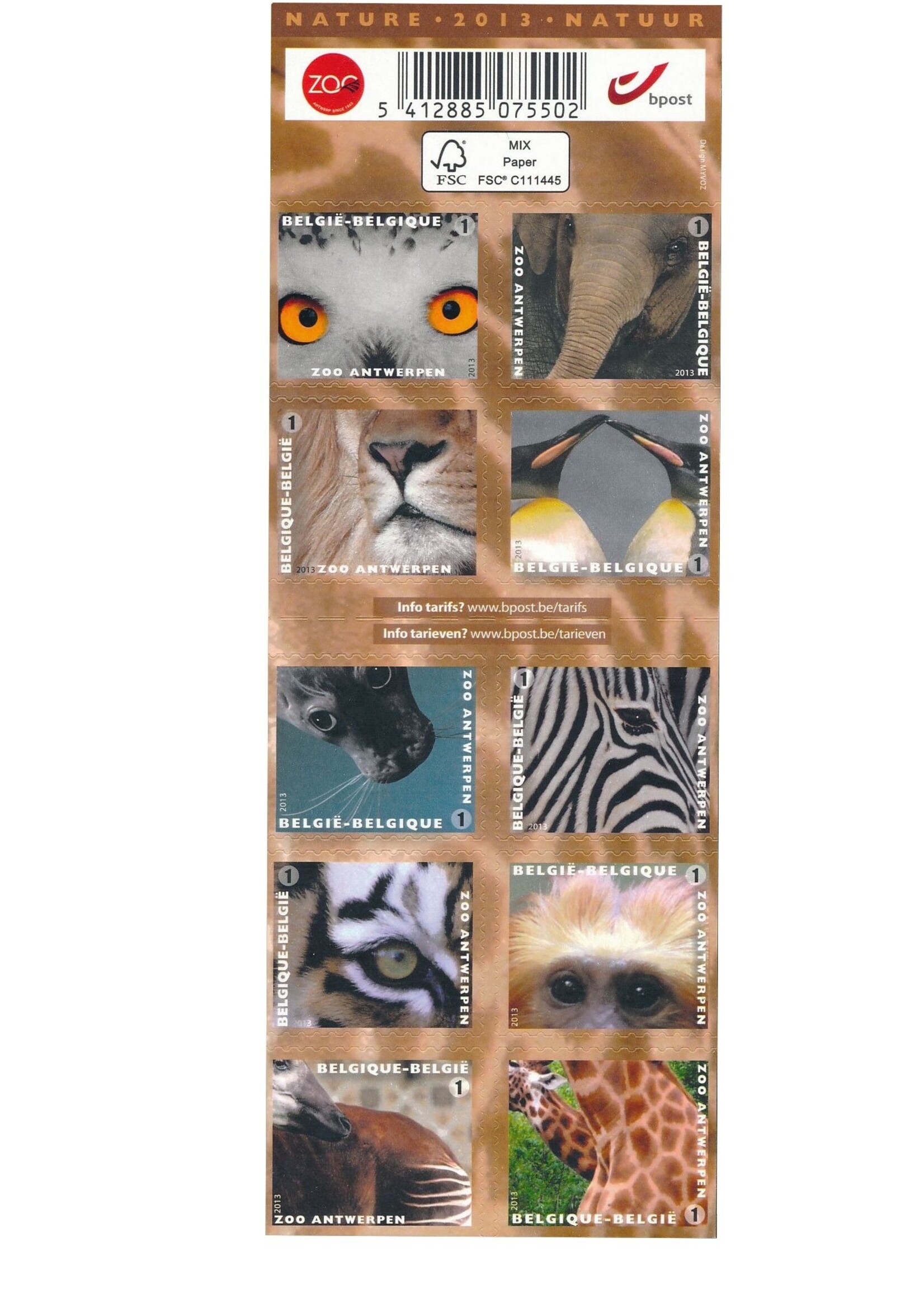 Thème Animaux 1 - Carnet de 10 timbres autocollants - Tarif 1, Belgique
