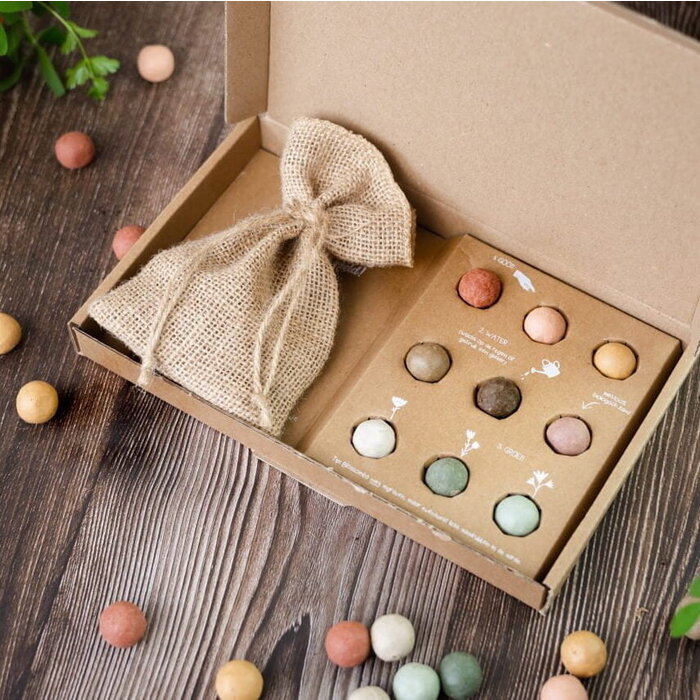 Blossombs Geschenkdoos groot - 9 zaadbommetjes - Jute bewaarzakje