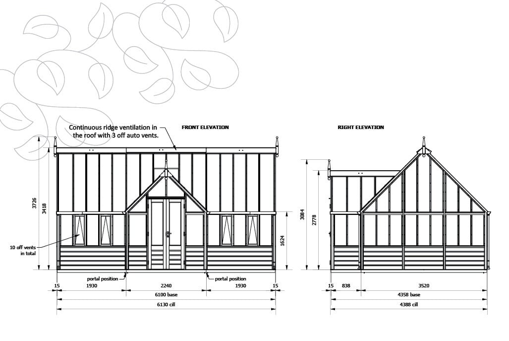 Gabriel Ash RHS "Grand Portico" - houten onderrand - royale kweekkas - fruitbomen kweken