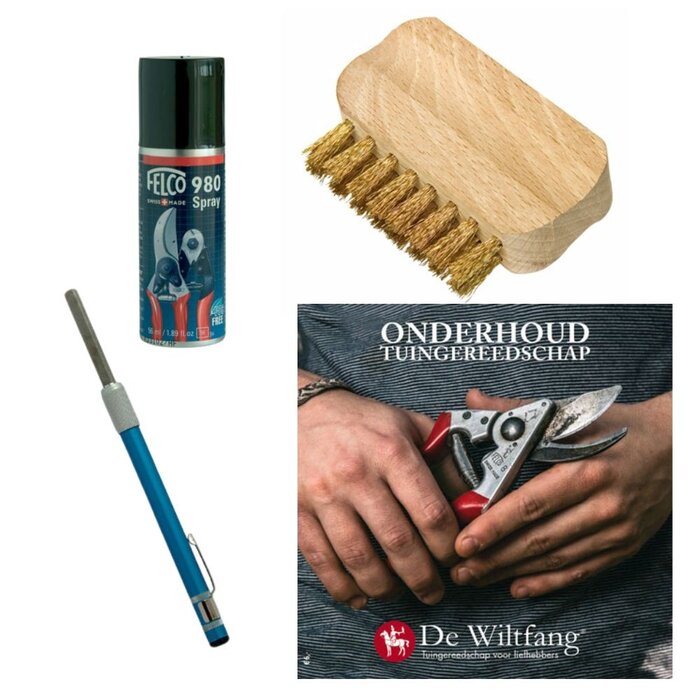 De Wiltfang Onderhoud set voor snoeischaar - slijppen - informatieboekje - olie - staaldraadborsteltje