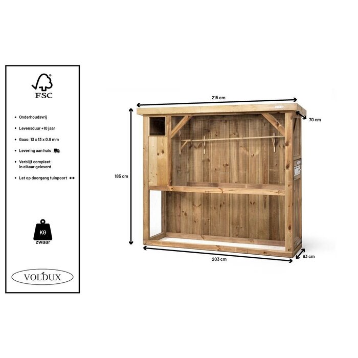 Voldux Volière R1 - 215x70x185cm - Links/Rechts - Hout