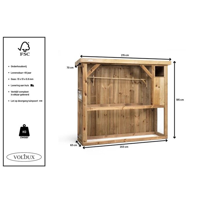Voldux Volière R1 - 215x70x185cm - Links/Rechts - Hout