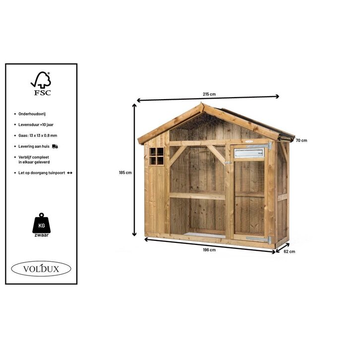 Voldux Volière S2 Links/Rechts - 215 x 70 x 185 cm - Hout - Schuin dak