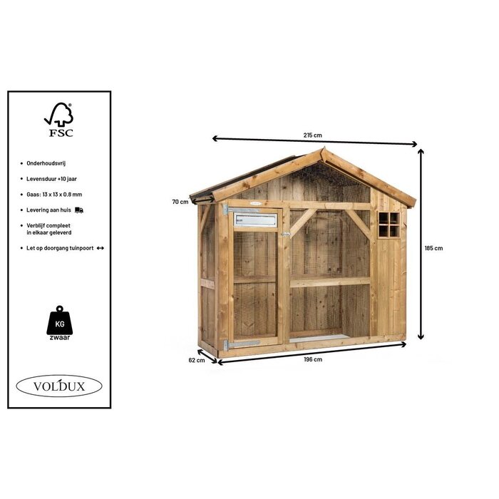Voldux Volière S2 Links/Rechts - 215 x 70 x 185 cm - Hout - Schuin dak