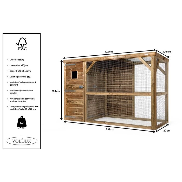 Voldux Volière Toon - Links/Rechts - 302 x 120 x 193 cm - hout