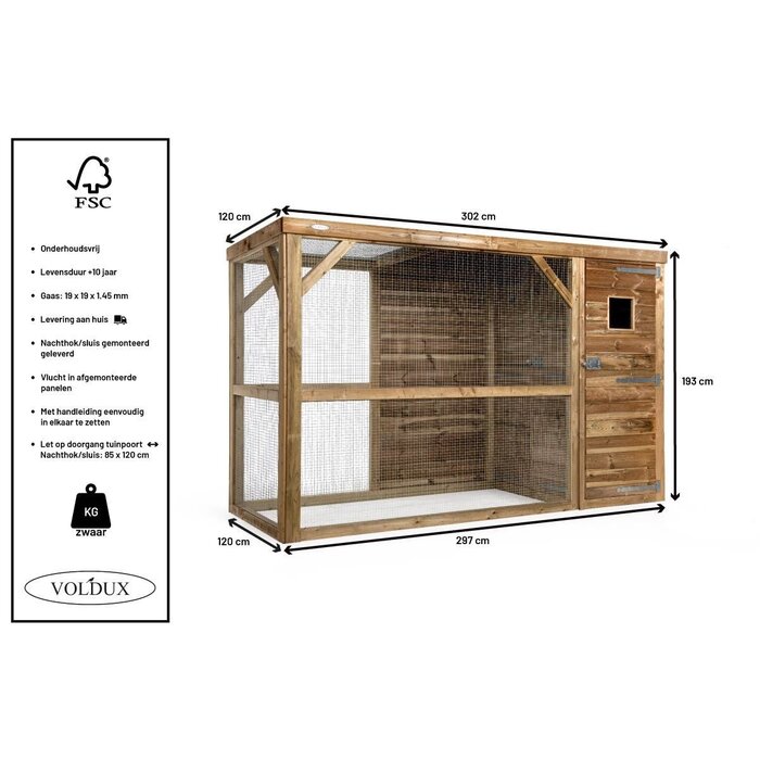 Voldux Volière Toon - Links/Rechts - 302 x 120 x 193 cm - hout