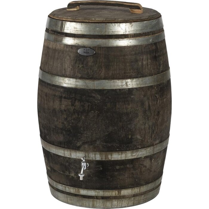 Vatenhandel Stijf Houten regenton 225 liter - Met deksel - Grijs - Chromen tapkraan