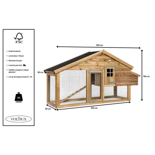 Voldux Dierenverblijf Romy - 300 x 90 x 160 cm - Ook voor kippen - Gemonteerd geleverd