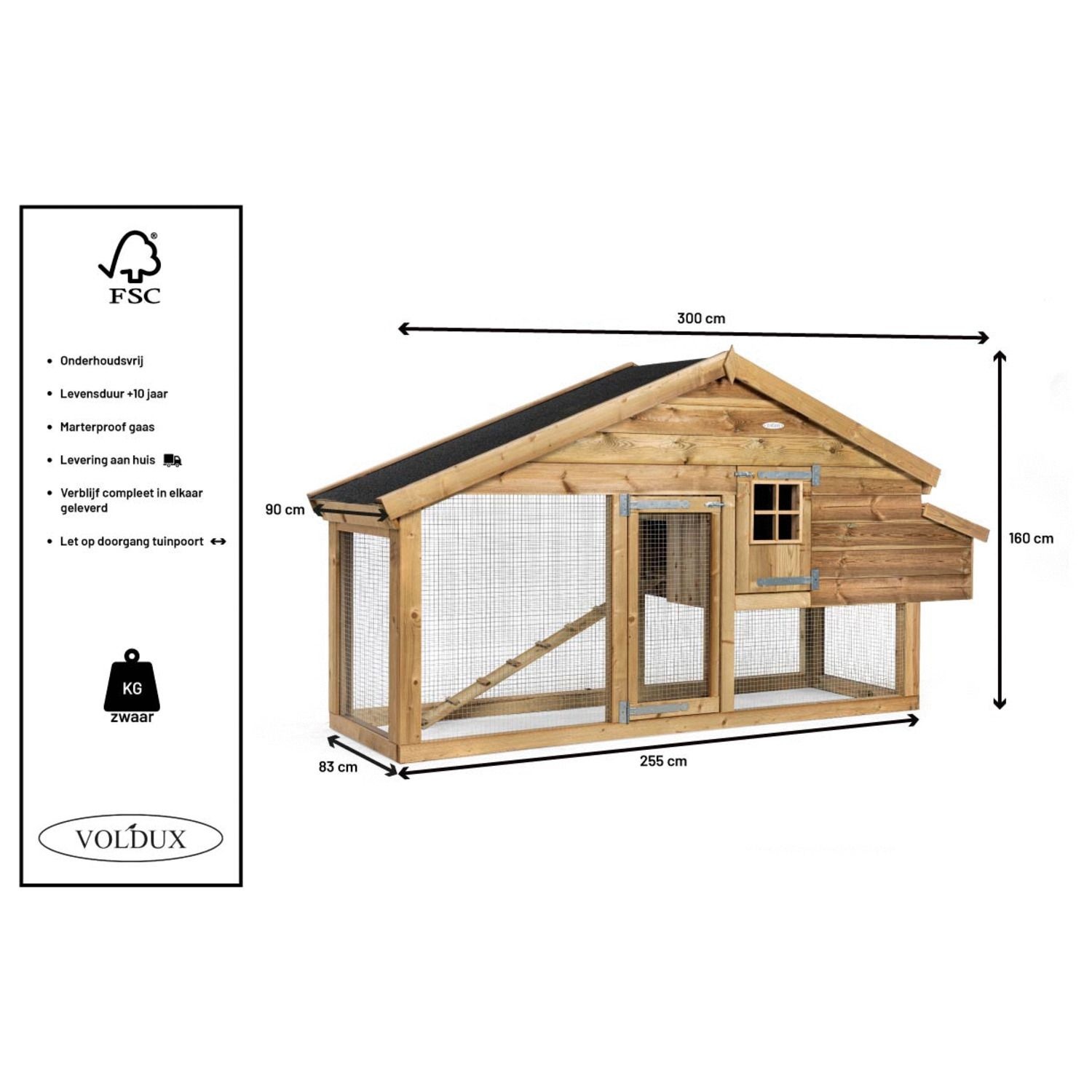 Voldux Dierenverblijf Romy - 300 x 90 x 160 cm - Ook voor kippen - Gemonteerd geleverd