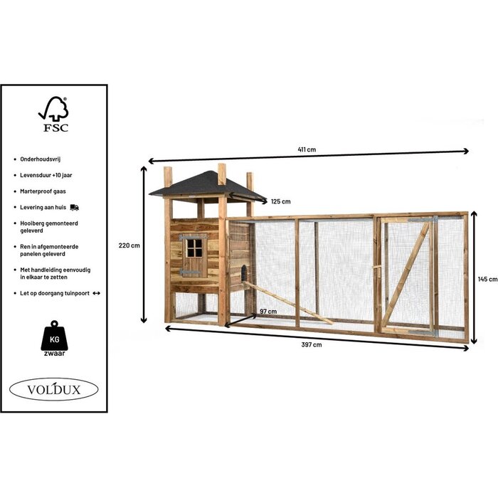 Voldux Hooiberg kippenhok Fem XL - 411 x 125 x 225 cm - Inclusief ren
