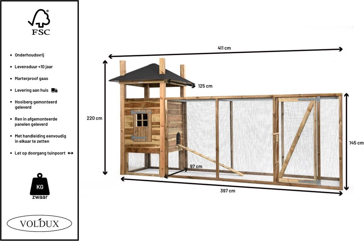 Voldux Hooiberg kippenhok Fem XL - 411 x 125 x 225 cm - Inclusief ren