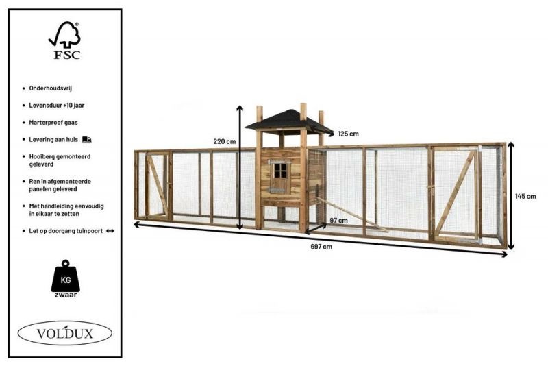 Voldux Hooiberg kippenhok Fien XXL - 697 x 125 x 225 cm - Inclusief ren