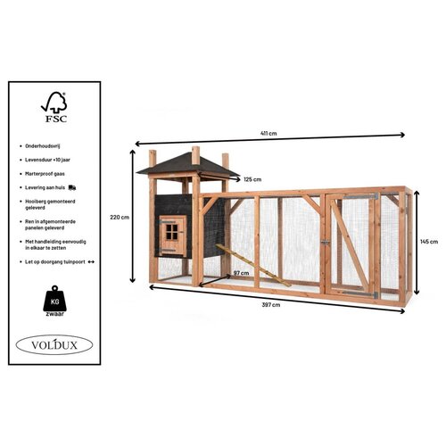 Voldux Hooiberg kippenhok Tom XL - 411 x 125 x 225 cm - Inclusief ren