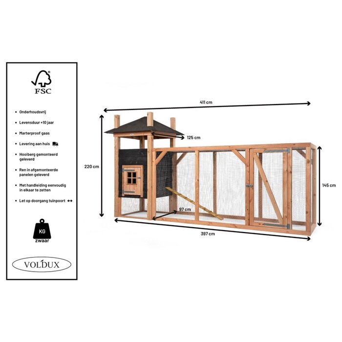Voldux Hooiberg kippenhok Tom XL - 411 x 125 x 225 cm - Inclusief ren