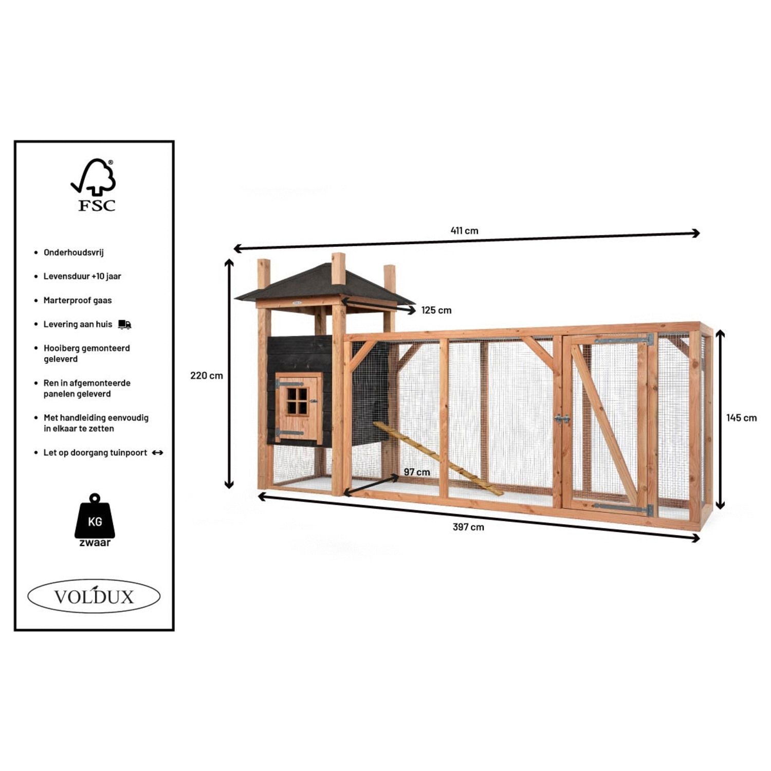 Voldux Hooiberg kippenhok Tom XL - 411 x 125 x 225 cm - Inclusief ren