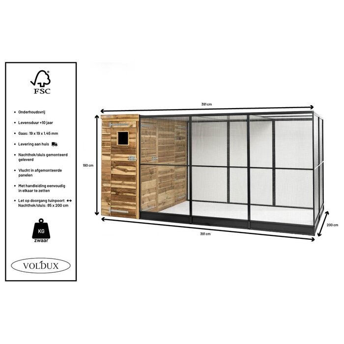 Voldux Volière R10 - 391 x 200 x 190 cm - Zwart aluminium