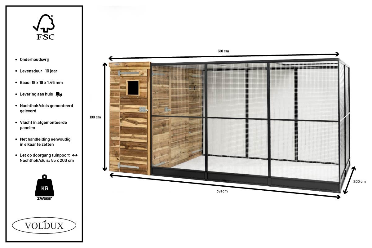 Voldux Volière R10 - 391 x 200 x 190 cm - Zwart aluminium