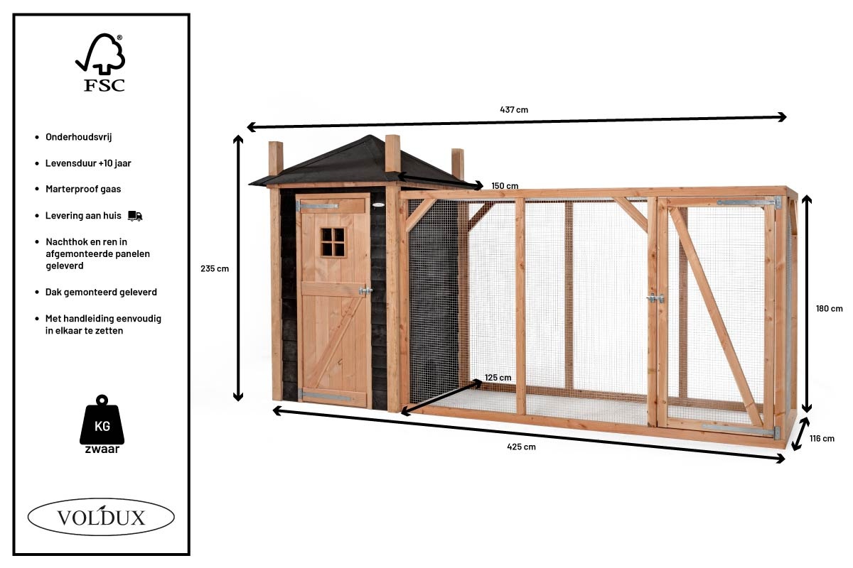 Voldux Hooiberg kippenhok Mees - 150 x 150 x 225 cm - Zweeds rabat en Douglashout