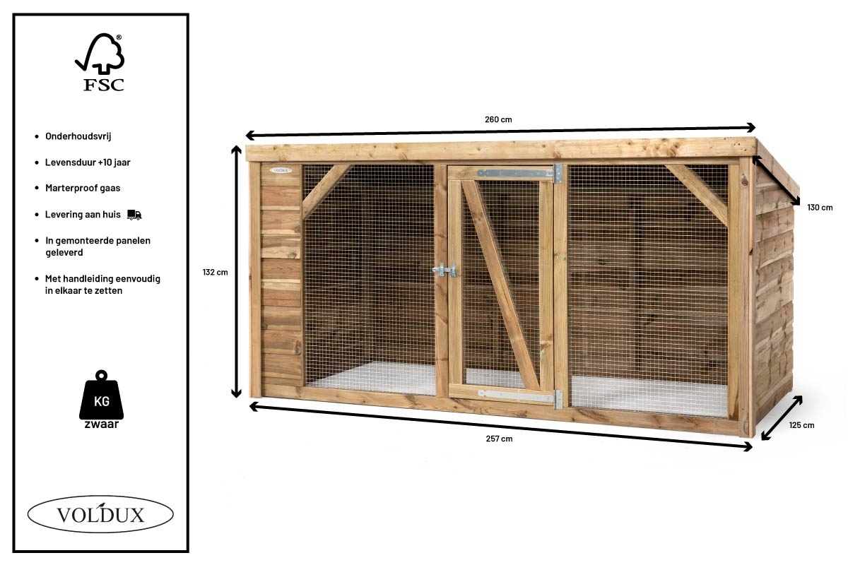 Voldux Kippenren Brit - 260 x 130 x 132 cm - Geïmpregneerd vurenhout