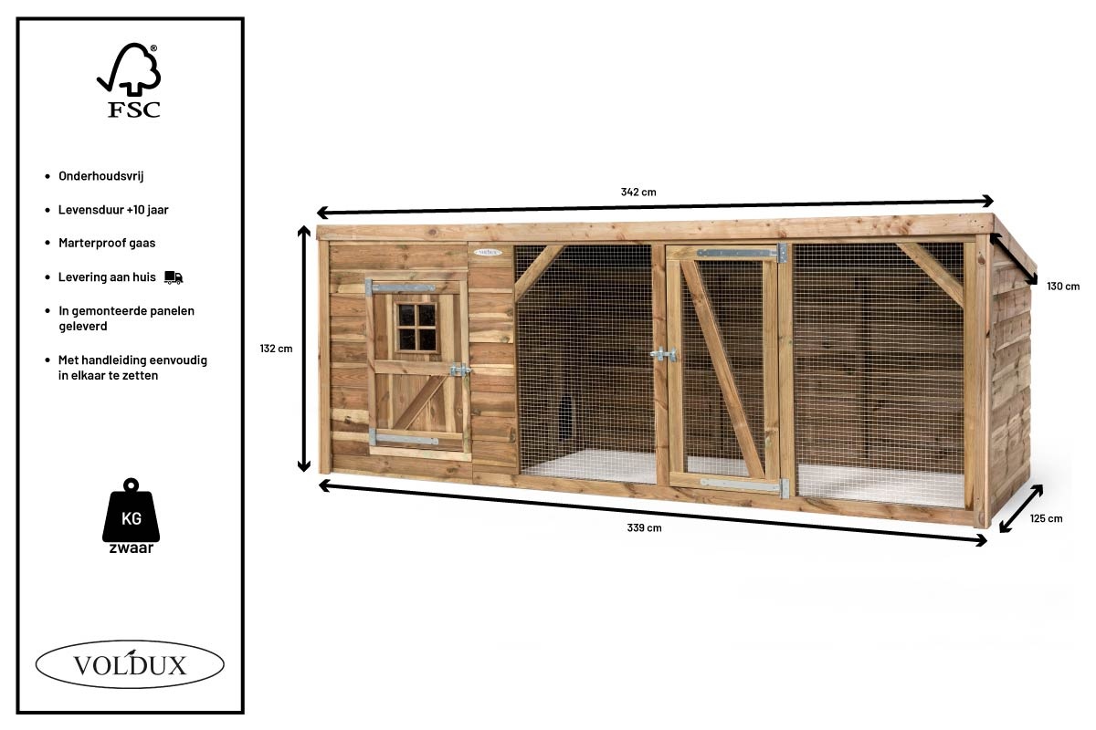 Voldux Kippenren Brit - 260 x 130 x 132 cm - Geïmpregneerd vurenhout