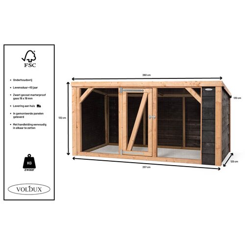 Voldux Kippenren Milan - 260 x 130 x 132 cm - Zweeds zwart rabat - Douglashout