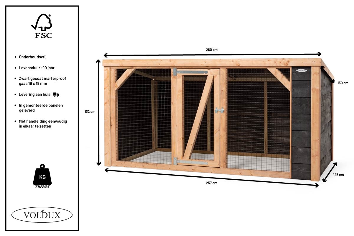 Voldux Kippenren Milan - 260 x 130 x 132 cm - Zweeds zwart rabat - Douglashout