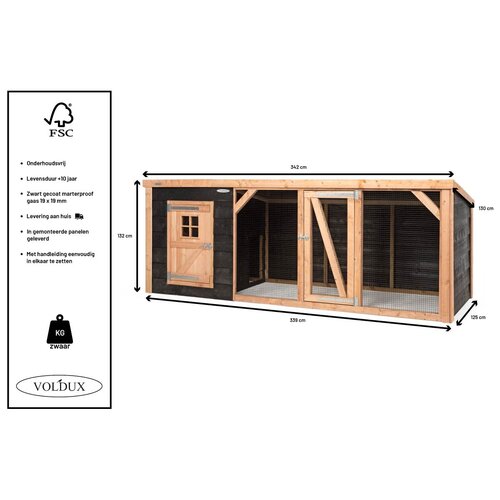 Voldux Kippenren Milan - 260 x 130 x 132 cm - Zweeds zwart rabat - Douglashout