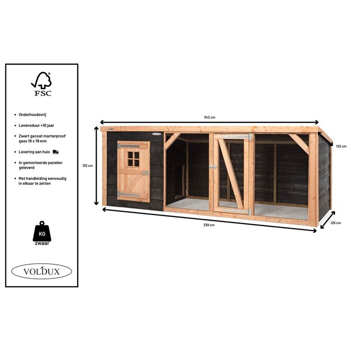 Voldux Kippenren Milan - 260 x 130 x 132 cm - Zweeds zwart rabat - Douglashout