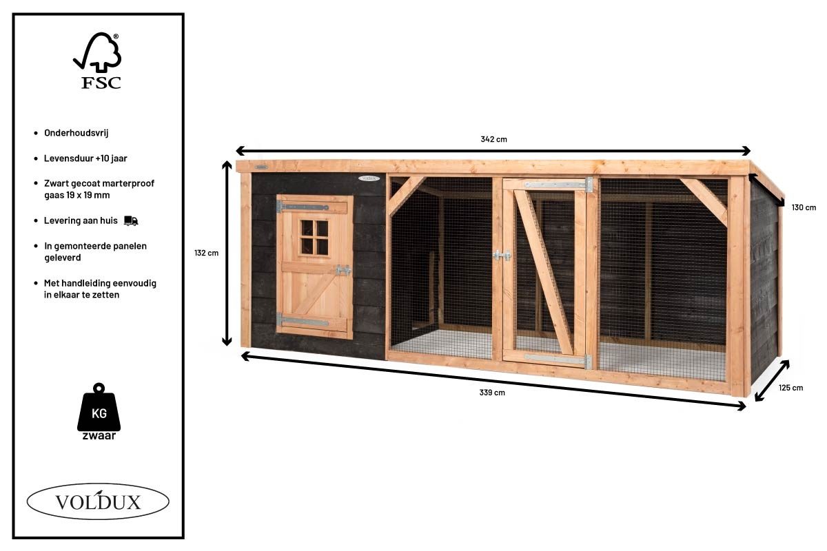 Voldux Kippenren Milan - 260 x 130 x 132 cm - Zweeds zwart rabat - Douglashout