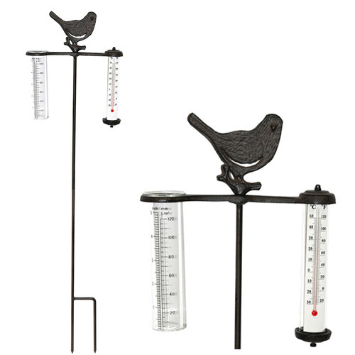 De Wiltfang Regenmeter /Thermometer Koolmees- gietijzer - 83 cm