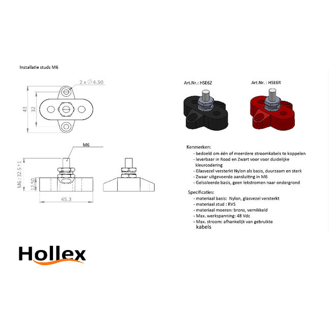 HOLLEX Connection stud single M6 black